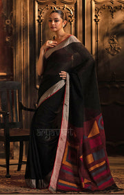 Black Linen Saree With Geometric Woven Jamdani Design on Pallu