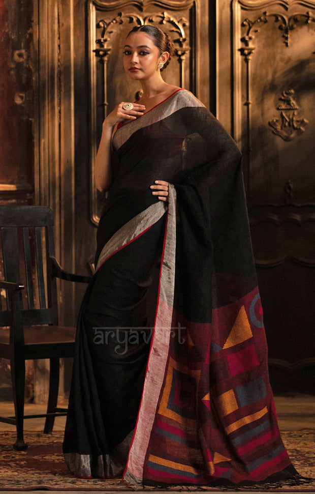 Black Linen Saree With Geometric Woven Jamdani Design on Pallu