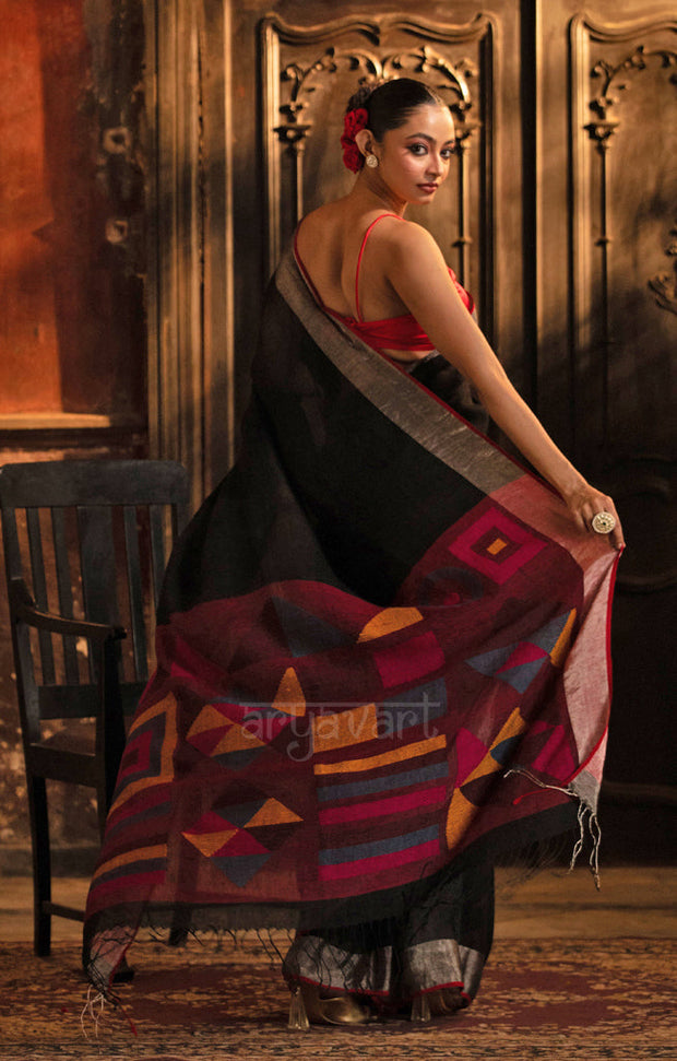 Black Linen Saree With Geometric Woven Jamdani Design on Pallu