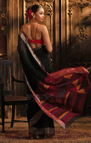 Black Linen Saree With Geometric Woven Jamdani Design on Pallu