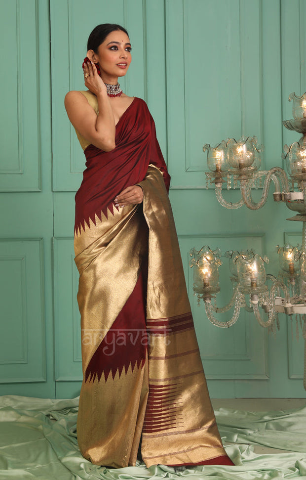 Stunning Maroon Kanchipuram Silk Saree With Gold Tissue Body & Pallu