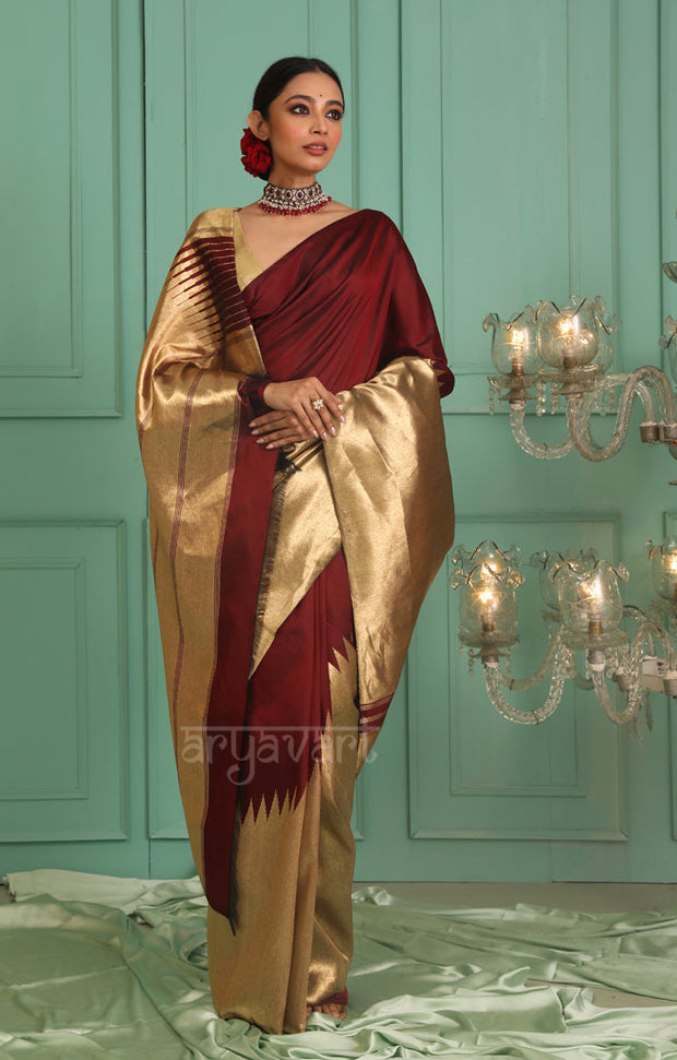 Stunning Maroon Kanchipuram Silk Saree With Gold Tissue Body & Pallu