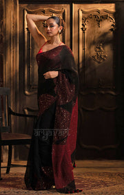 Stunning Black Linen Saree With Red Border & Woven In Sequence