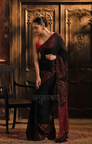 Stunning Black Linen Saree With Red Border & Woven In Sequence
