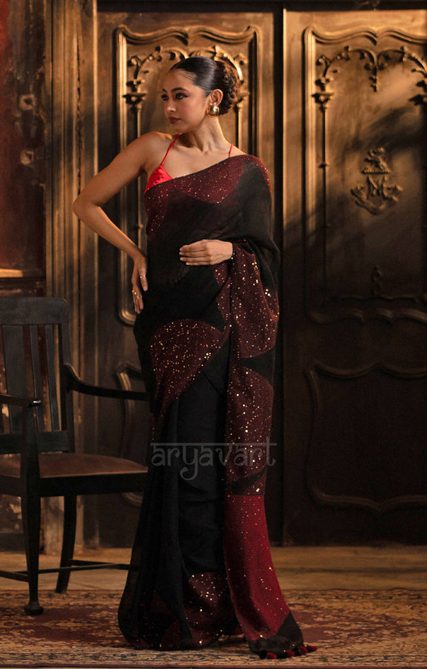 Stunning Black Linen Saree With Red Border & Woven In Sequence