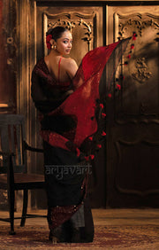 Stunning Black Linen Saree With Red Border & Woven In Sequence