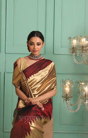Stunning Maroon Kanchipuram Silk Saree With Gold Tissue Body & Pallu