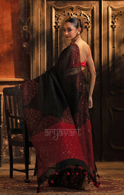 Stunning Black Linen Saree With Red Border & Woven In Sequence