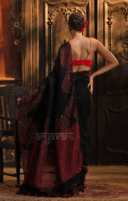 Stunning Black Linen Saree With Red Border & Woven In Sequence