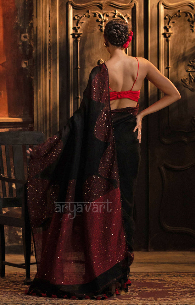 Stunning Black Linen Saree With Red Border & Woven In Sequence