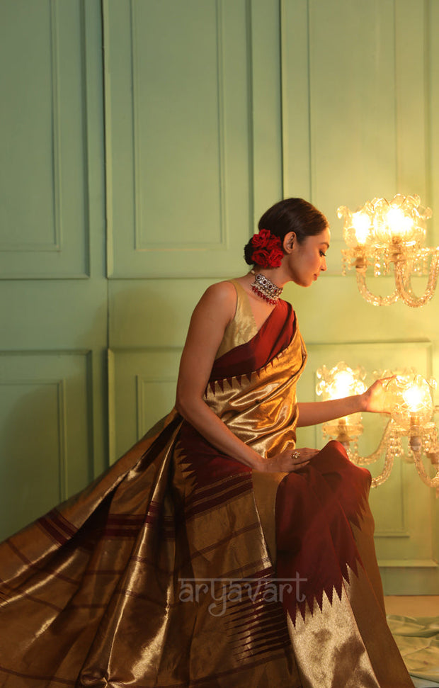 Stunning Maroon Kanchipuram Silk Saree With Gold Tissue Body & Pallu
