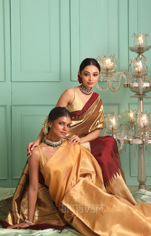 Stunning Maroon Kanchipuram Silk Saree With Gold Tissue Body & Pallu