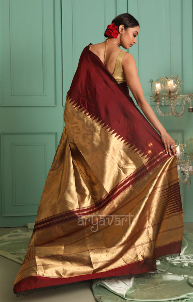 Stunning Maroon Kanchipuram Silk Saree With Gold Tissue Body & Pallu