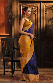 Midnight Blue Katan Silk Saree With A Strinking Yellow Border & Gold Buttas
