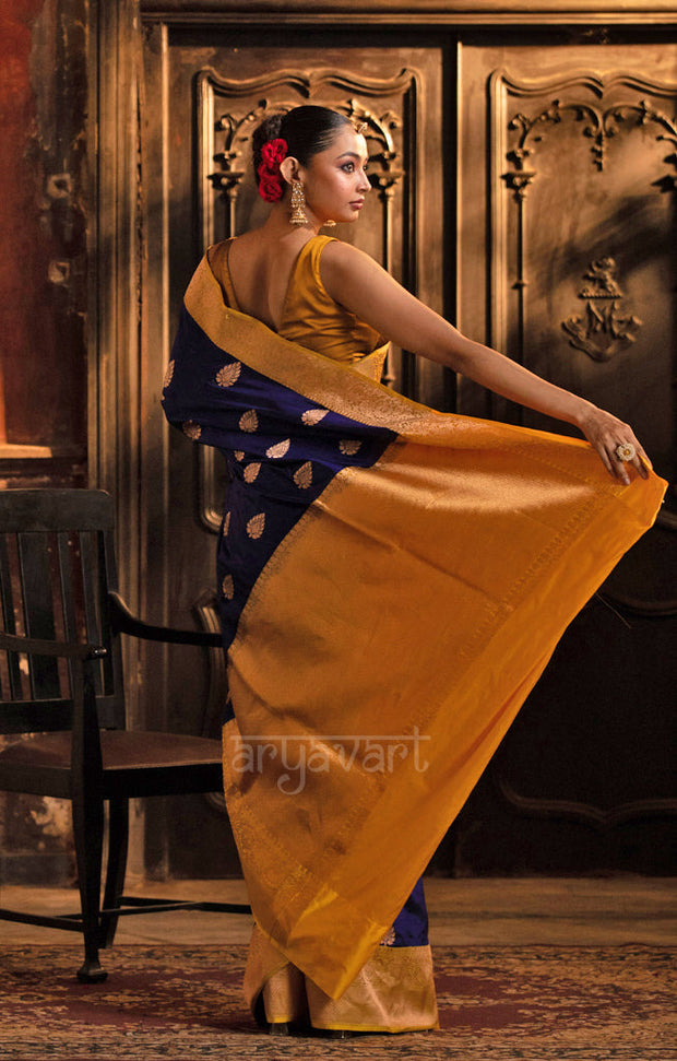 Midnight Blue Katan Silk Saree With A Strinking Yellow Border & Gold Buttas