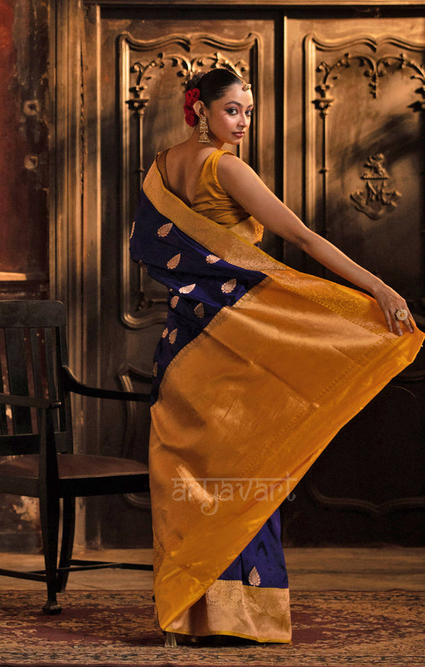 Midnight Blue Katan Silk Saree With A Strinking Yellow Border & Gold Buttas