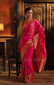 Striking Fuchsia Katan Silk Saree With A Red Border & Gold Buttas