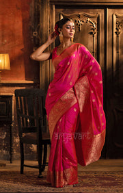 Striking Fuchsia Katan Silk Saree With A Red Border & Gold Buttas