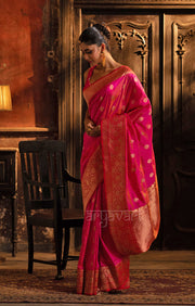 Striking Fuchsia Katan Silk Saree With A Red Border & Gold Buttas