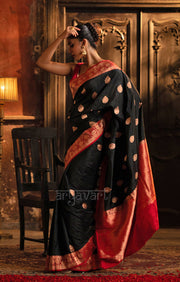 Stunning Black Katan Silk Saree With A Red Border & Gold Buttas