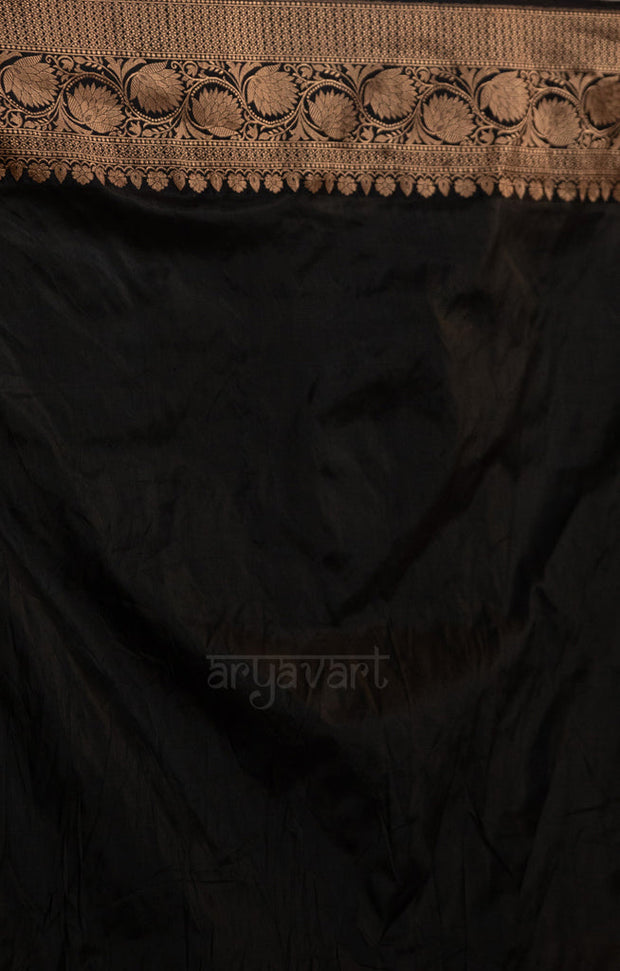 Striking White Katan Silk Saree With A Black Border & Gold Buttas