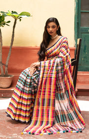 Vibrant Multi coloured cotton Check saree