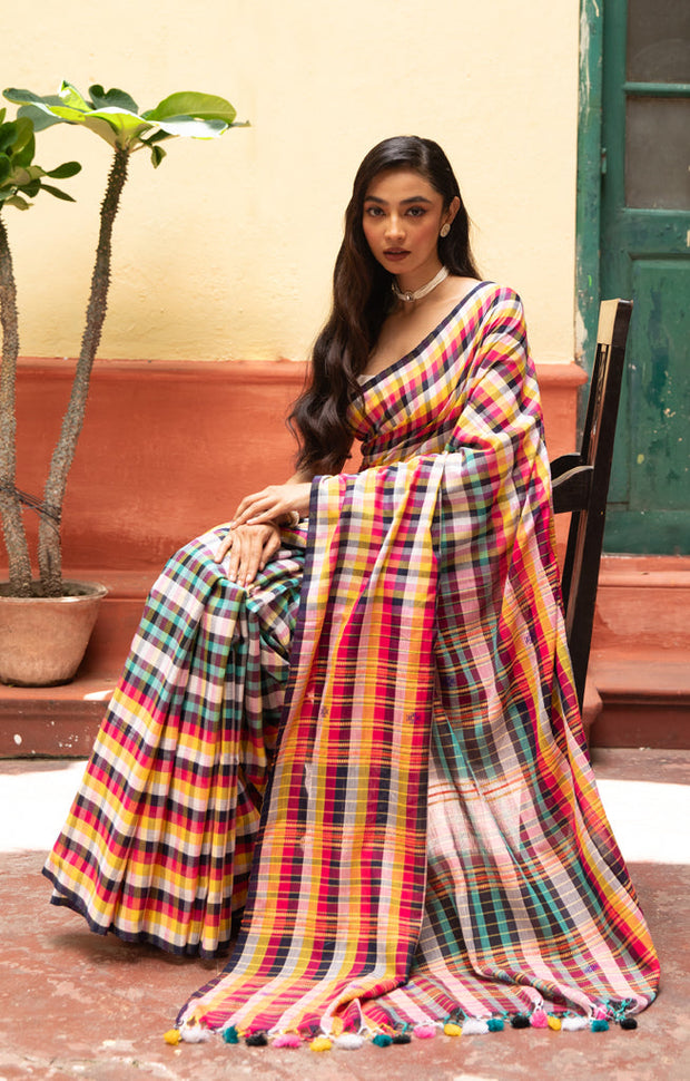 Vibrant Multi coloured cotton Check saree
