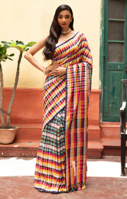 Vibrant Multi coloured cotton Check saree