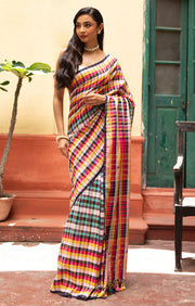 Vibrant Multi coloured cotton Check saree