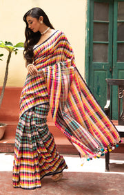 Vibrant Multi coloured cotton Check saree