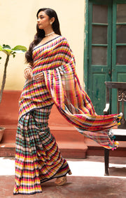 Vibrant Multi coloured cotton Check saree