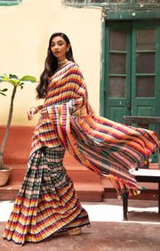 Vibrant Multi coloured cotton Check saree