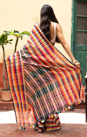 Vibrant Multi coloured cotton Check saree