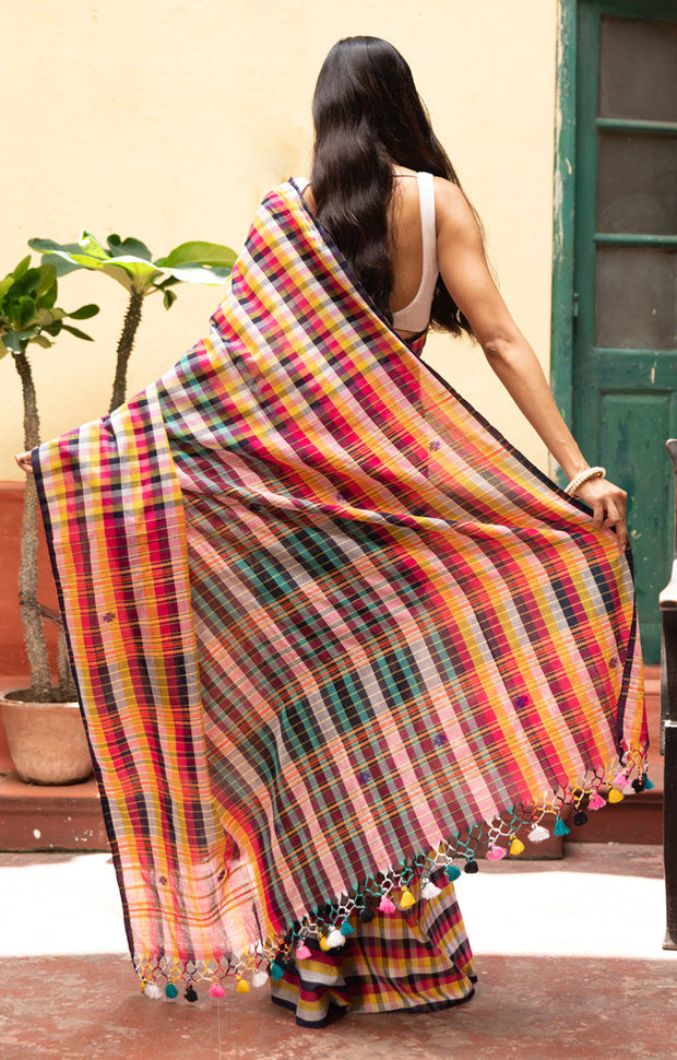 Vibrant Multi coloured cotton Check saree