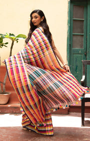 Vibrant Multi coloured cotton Check saree
