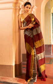 Maroon, Gold and Silver Thick Vertical Striped Linen Saree