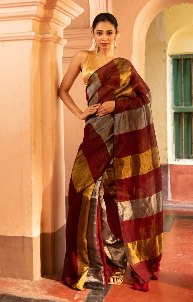 Maroon, Gold and Silver Thick Vertical Striped Linen Saree