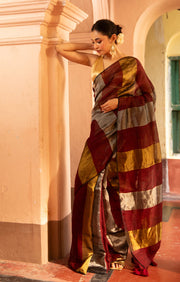 Maroon, Gold and Silver Thick Vertical Striped Linen Saree