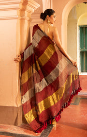 Maroon, Gold and Silver Thick Vertical Striped Linen Saree