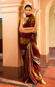 Maroon, Gold and Silver Thick Vertical Striped Linen Saree