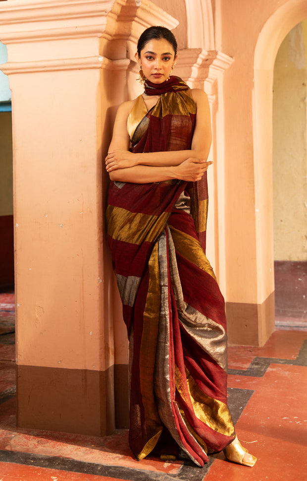 Maroon, Gold and Silver Thick Vertical Striped Linen Saree