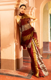 Maroon, Gold and Silver Thick Vertical Striped Linen Saree