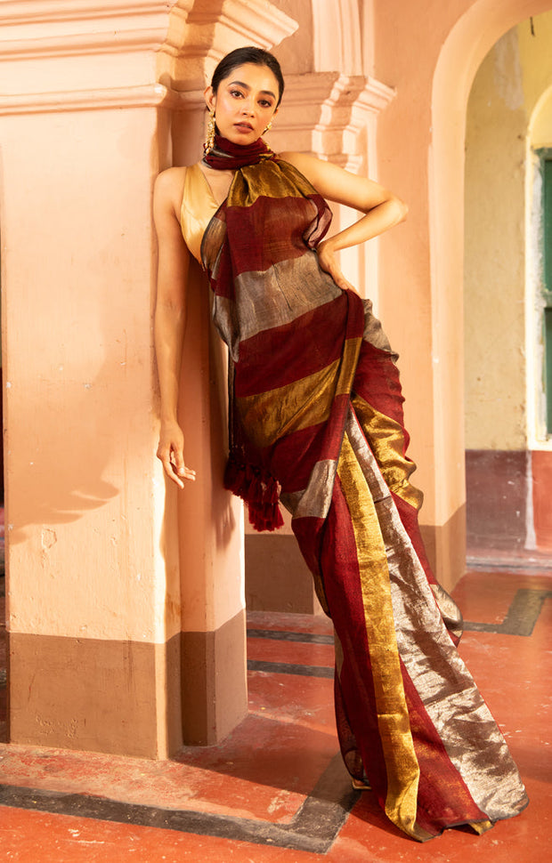 Maroon, Gold and Silver Thick Vertical Striped Linen Saree