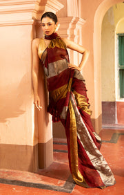 Maroon, Gold and Silver Thick Vertical Striped Linen Saree