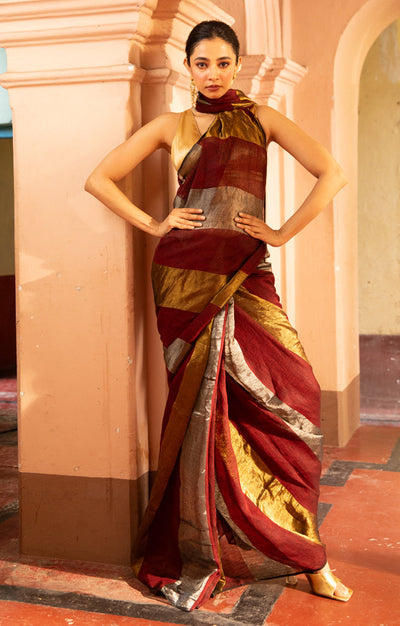 Maroon, Gold and Silver Thick Vertical Striped Linen Saree