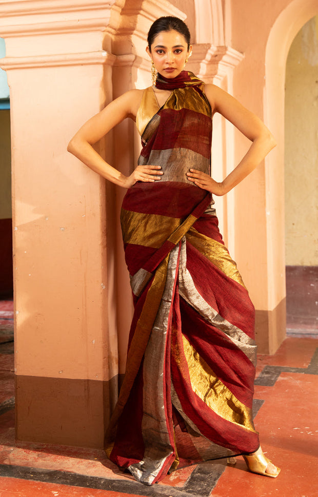 Maroon, Gold and Silver Thick Vertical Striped Linen Saree
