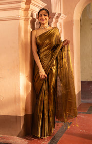Liquid Gold Tissue Cotton saree With A Thin Black Border