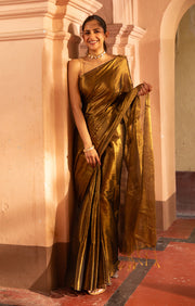 Liquid Gold Tissue Cotton saree With A Thin Black Border