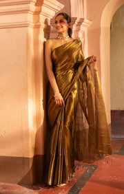 Liquid Gold Tissue Cotton saree With A Thin Black Border