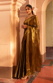 Liquid Gold Tissue Cotton saree With A Thin Black Border